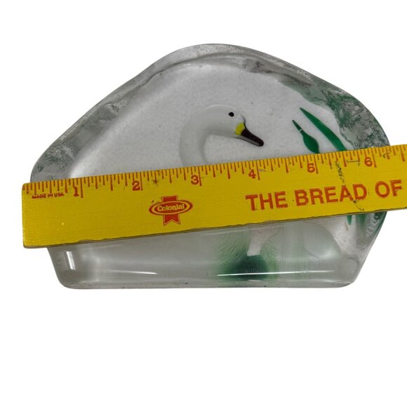 Glass Swan Cygnet Paper Weight Smooth Hand-Painted Green White Ice Block Thick - Picture 7 of 7